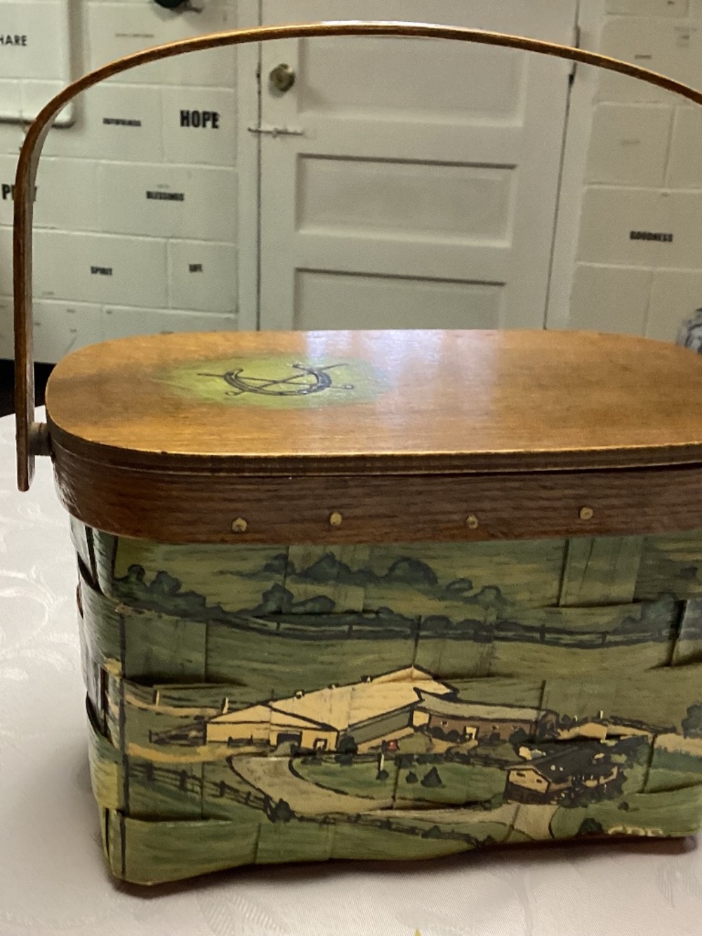 Vintage wooden handbag  HAND PAINTED. DOG /  HORSE CHASE WEDDING SCENE. TOO